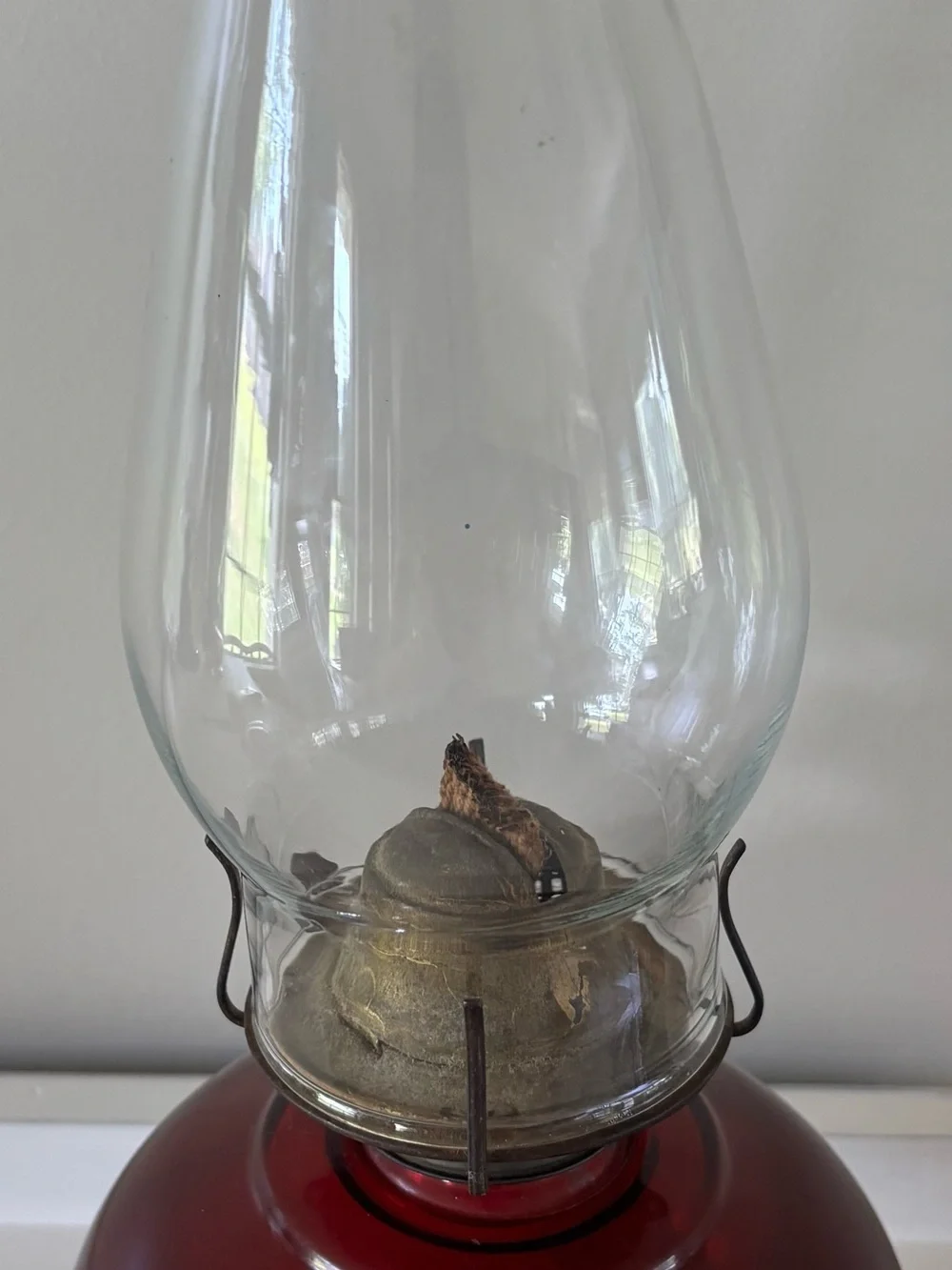 Vintage Red Glass Oil Lamp with Clear Chimney